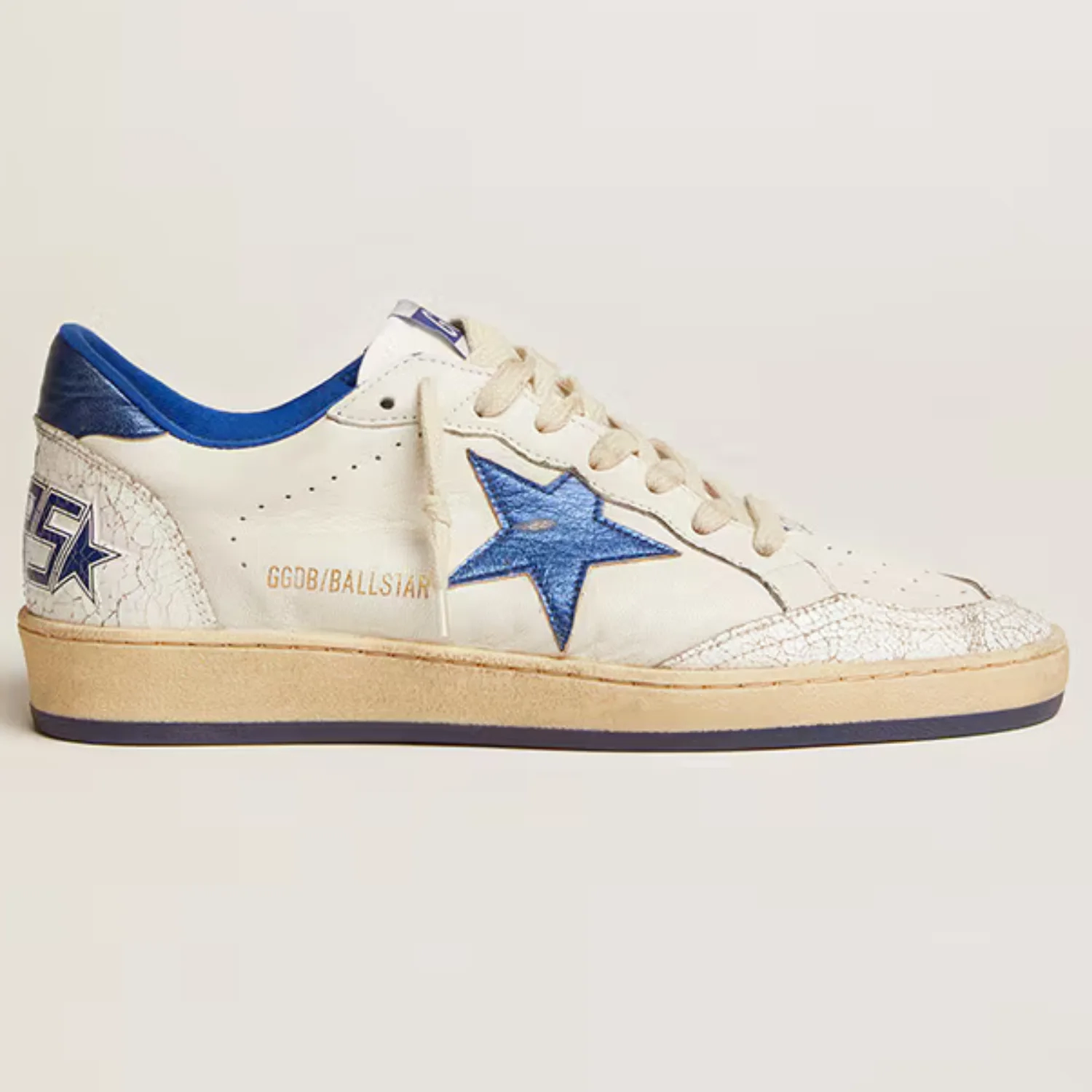 Womens Ball Star in white nappa with bright blue metallic leather star and heel tab